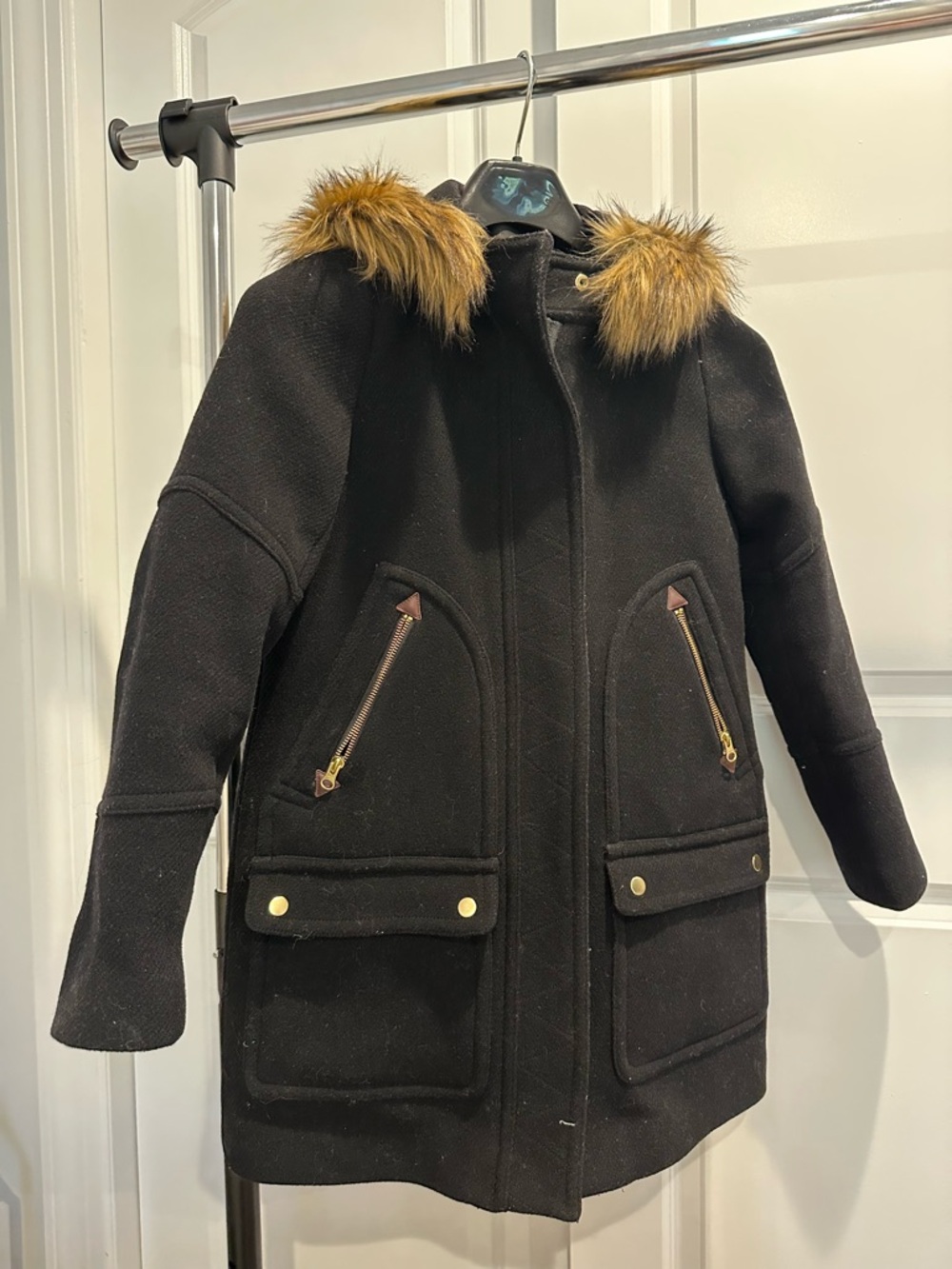 J. Crew Black Kids Pea Coat with Faux Fur Trim